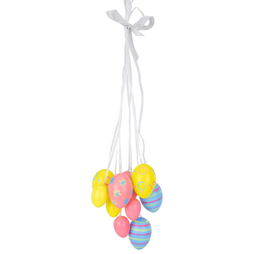 15" Pastel Pink, Yellow and Blue Floral Striped Spring Easter Egg Cluster Hanging Decoration - IMAGE 1