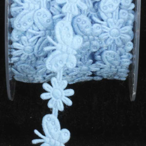 Light Blue Felt Butterflies and Flowers Woven Craft Ribbon 0.5" x 22 Yards - IMAGE 1