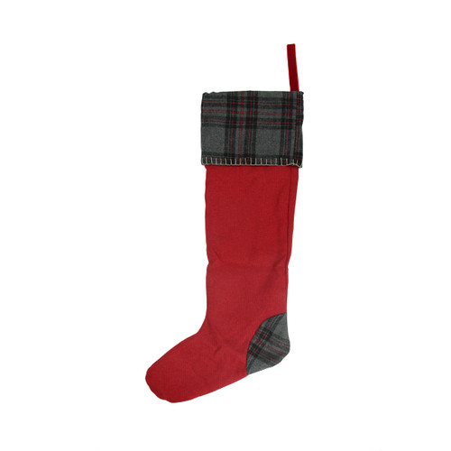 28" Rustic Chic Red Decorative Wool Christmas Stocking with Gray Plaid Cuff - IMAGE 1