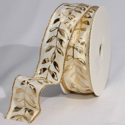 Cream and Gold Colored "Holiday Wreath" Print Wired Craft Ribbon 1.5" x 54 Yards - IMAGE 1