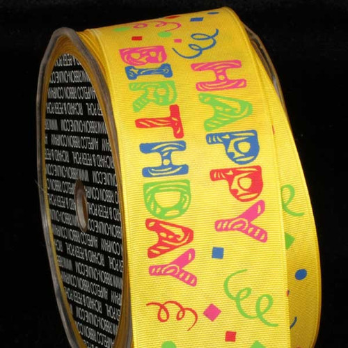 Yellow "Happy Birthday" Wired Craft Ribbon 1.5" x 27 Yards - IMAGE 1