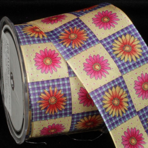 Blue and Pink Gingham Country Flower Printed Wired Craft Ribbon 2.5" x 27 Yards - IMAGE 1