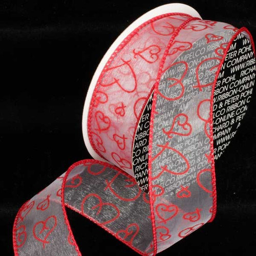 Red and White Flocked Heart Wired Craft Ribbon 2.5" x 40 Yards - IMAGE 1