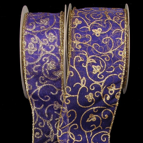 Sheer Purple and Gold Swirling Floral Wired Craft Ribbon 3" x 40 Yards - IMAGE 1