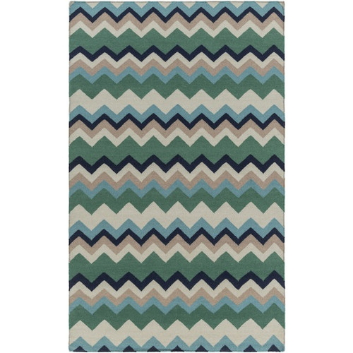 8' x 11' Zany ZigZag Green and Beige Hand Woven Wool Area Throw Rug - IMAGE 1