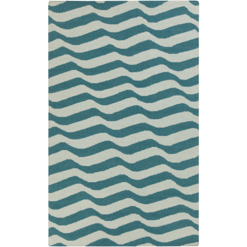 3.25' x 5.25' Wavy Striped Teal Blue and Cloud Gray Hand Woven Wool Area Throw Rug - IMAGE 1