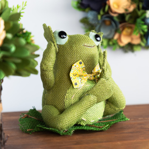 Smiling Hear No Evil Frog with Bowtie Spring Decoration - 7.5" - Green and Yellow - IMAGE 1