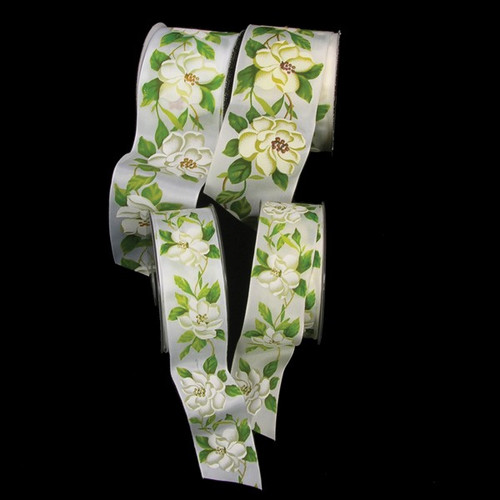 Green and White Woven Magnolia Print Wired Craft Ribbon 2.5" x 20 Yards - IMAGE 1