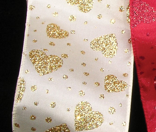 Ivory and Gold Glitter Heart Print Wired Craft Ribbon 2.5" x 40 Yards - IMAGE 1