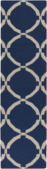 2.5' x 8' Coupled Circles Navy Blue and Beige Hand Woven Rectangular Wool Area Throw Rug Runner - IMAGE 1