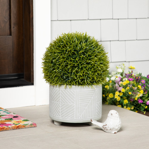 Potted Two-Tone Artificial Grass Ball Topiary Plant - 18" - IMAGE 1