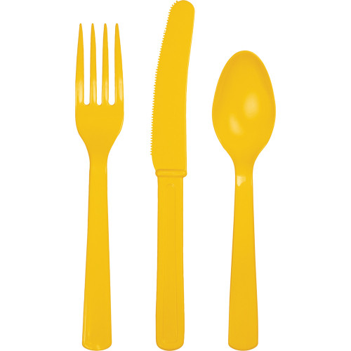 Club Pack of 216 School Bus Yellow Premium Heavy-Duty Plastic Party Knives, Forks and Spoons - IMAGE 1