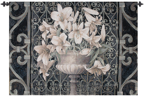 Lilies in Urn Ornate Iron Gate Cotton Wall Art Hanging Tapestry 35" x 53" - IMAGE 1