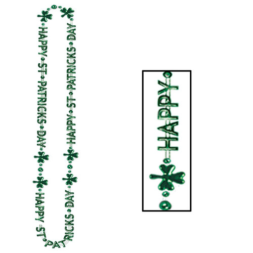 Club Pack of 12 Shiny Green "Happy St. Patrick's Day" Party Bead Necklaces 36" - IMAGE 1