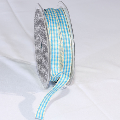 Blue and Ivory Gingham Wired Woven Edge Craft Ribbon 0.25" x 108 Yards - IMAGE 1