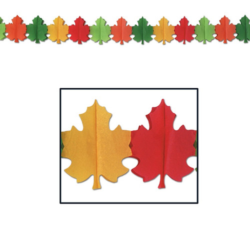 Club Pack of 12 Red, Green, Yellow and Orange Fall Leaf Tissue Garland Party Decorations 12' - IMAGE 1