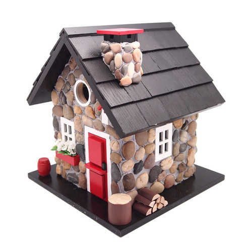 9.5" Stone Cottage Red Black & White Fully Functional Outdoor Garden Birdhouse - IMAGE 1