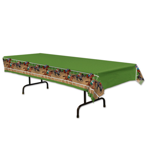 Club Pack of 12 Green and Brown Horse Racing Disposable Banquet Party Table Covers 108" - IMAGE 1