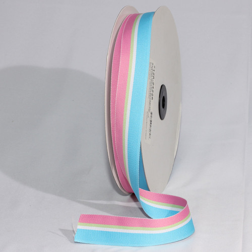 Blue and Pink Striped Woven Grosgrain Craft Ribbon 1" x 55 Yards - IMAGE 1