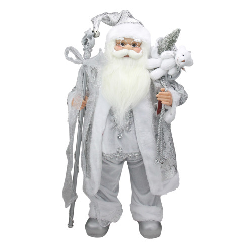 24" Silver and White Santa Claus with Staff and Gift Bag Christmas Figure - IMAGE 1