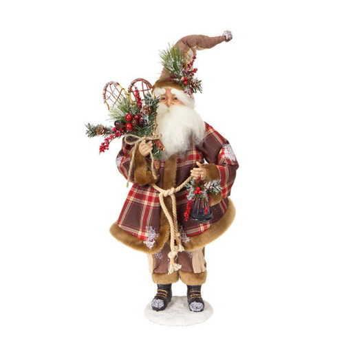 20" Red Modern Lodge Iced Santa Claus with Plaid Coat and Snow Shoes Christmas Figurine - IMAGE 1