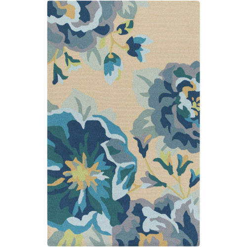 9' x 12' Dancing Dahlias Blue and Beige Hand Hooked Floral Rectangular Outdoor Area Throw Rug - IMAGE 1