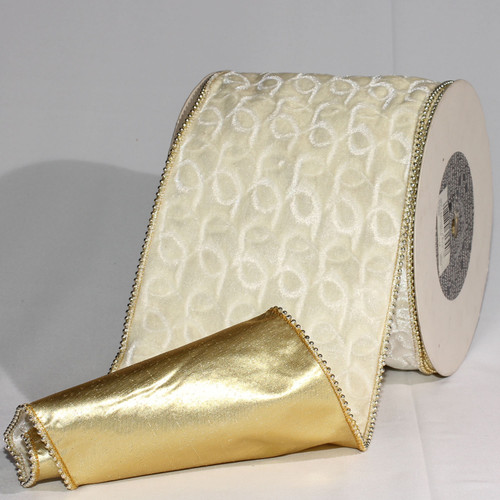 Gold Backed Ivory Velvet with Gold Pearl Edge Wired Craft Ribbon 6" x 20 Yards - IMAGE 1