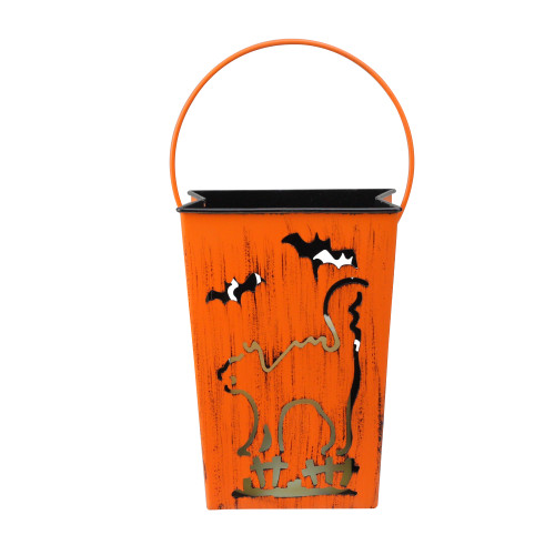 7.25" Orange Cat and Bats Halloween Candle Lantern Luminary - IMAGE 1