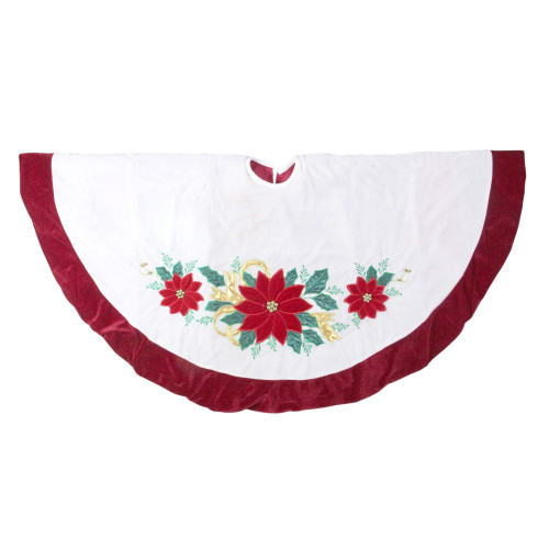 48" Ivory and Red Poinsettia Christmas Tree Skirt with Beads - IMAGE 1