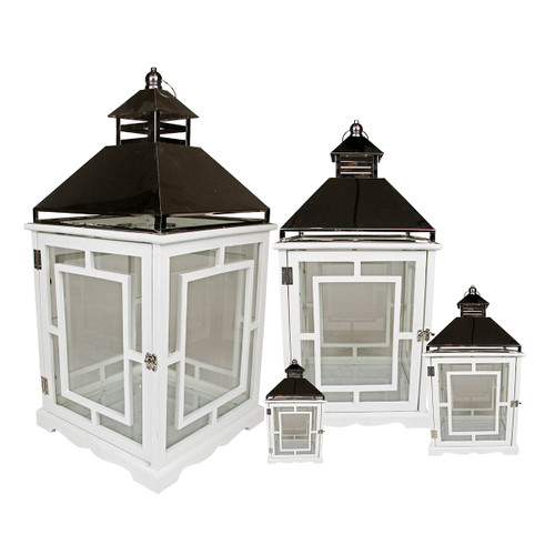 Set of 4 Cottage Style White Wooden Lanterns with Silver Handles 13-35" - IMAGE 1