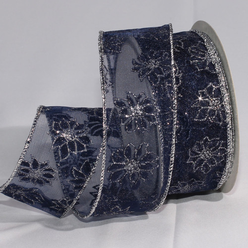 Sheer Navy Blue and Silver Little Poinsettia Wired Craft Ribbon 2" x 40 Yards - IMAGE 1