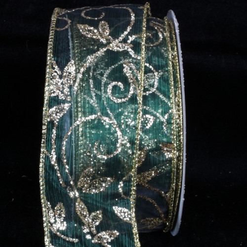 Hunter Green and Gold Kampai Swirl Wired Craft Ribbon 2" x 20 Yards - IMAGE 1
