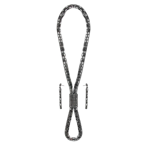 Set of Jet Silvertone Chain Mail with Crystal Pendant Long Necklace and Earrings - IMAGE 1