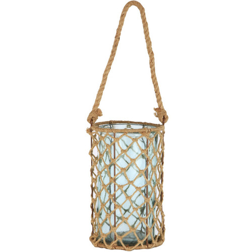 10" Decorative Teal Glass and Jute Round Pillar Candle Holder with Handle - IMAGE 1