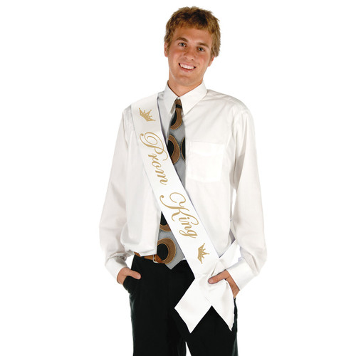 Club Pack of 6 White and Gold Prom King Sashes 33" - IMAGE 1
