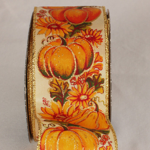 Orange and Beige Fall Pumpkins Wired Craft Ribbon 2.5" x 40 Yards - IMAGE 1