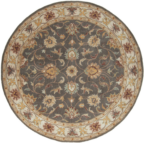 4' Floral Taupe Brown and Gray Hand Tufted Round Wool Area Throw Rug - IMAGE 1