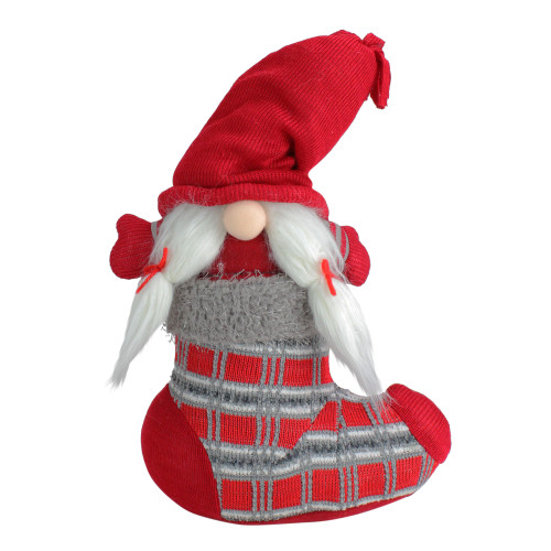 Isolde Gnome with Pigtails in Christmas Stocking Decoration - 14.5" - Red and Gray - IMAGE 1