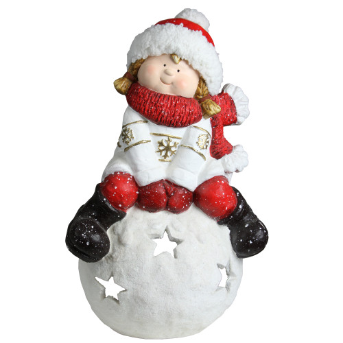 19.25" Red and White Girl on a Snowball Christmas Tealight Candle Holder - IMAGE 1