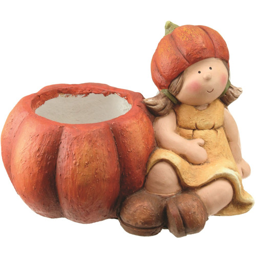 13.75" Yellow and Orange Girl with Pumpkin Thanksgiving Tabletop Decor - IMAGE 1