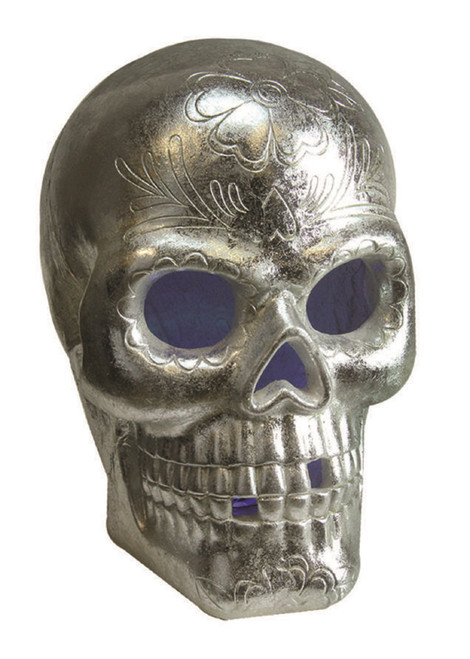 14" Silver LED Lighted Day of the Dead Skull Halloween Tabletop Decor - IMAGE 1