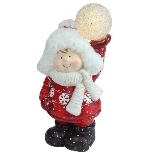 10" Red and White Boy Holding Snowball Decorative Christmas Figurine - IMAGE 1