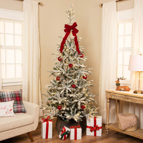 Real Touch™️Pre-Lit Slim Flocked Nordmann Fir Artificial Christmas Tree - 7.5' - Warm Clear LED Lights - IMAGE 1