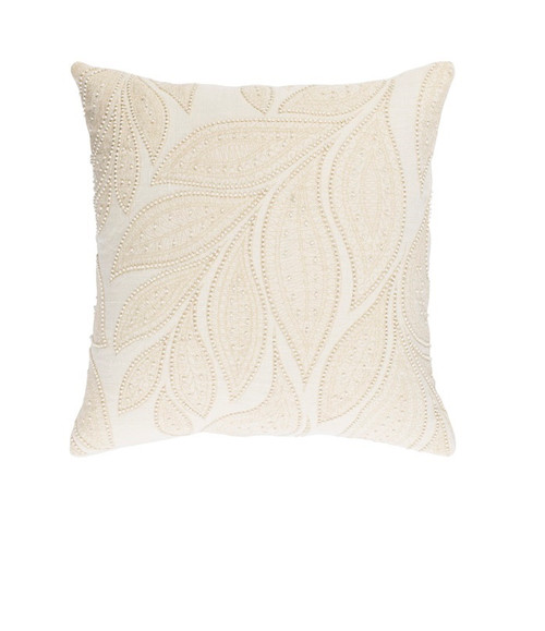 22" White and Ivory Beaded Square Throw Pillow - Polyester Filler - IMAGE 1