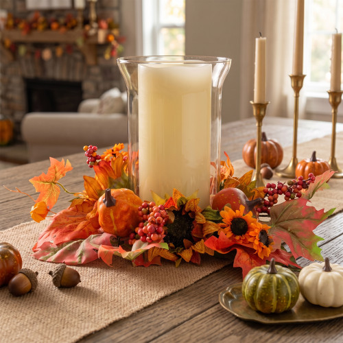 16" Artificial Orange Fall Flowers and Pumpkins Pillar Candle Holder - IMAGE 1