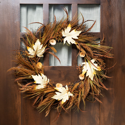Cattail and Wheat Twig Artificial Fall Harvest Wreath - 24" - IMAGE 1