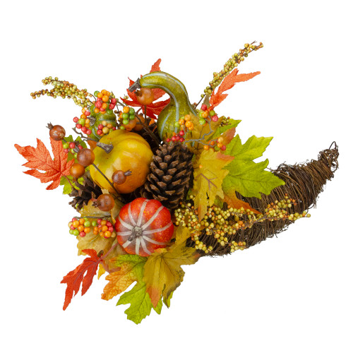 18" Orange Gourds and Maple Leaves Cornucopia Thanksgiving Tabletop Decor - IMAGE 1