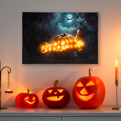 LED Lighted Spooky Halloween Jack-O-Lanterns Canvas Wall Art - 23.5"  x 15.75" - IMAGE 1