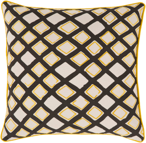 22" White, Yellow and Black Diamond Pattern Square Throw Pillow - IMAGE 1