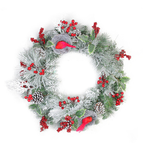 Berries and Red Cardinals in Nests Flocked Artificial Christmas Wreath, 24-Inch, Unlit - IMAGE 1
